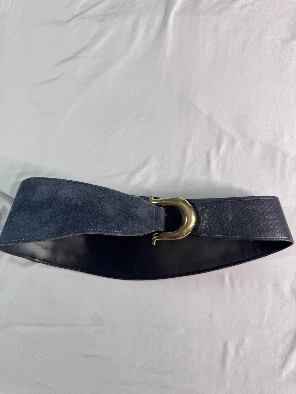 Vintage Sharon Burch Dallas Black Leather Suede Wide Belt Gold Buckle 28-34"